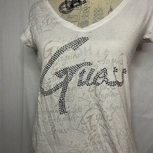 Guess White Rhinestone Logo Tee
